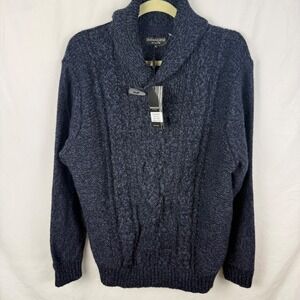 NEW Immagini Navy Blue Cableknit Fisherman Sweater XL Wool Blend Shawl Marled